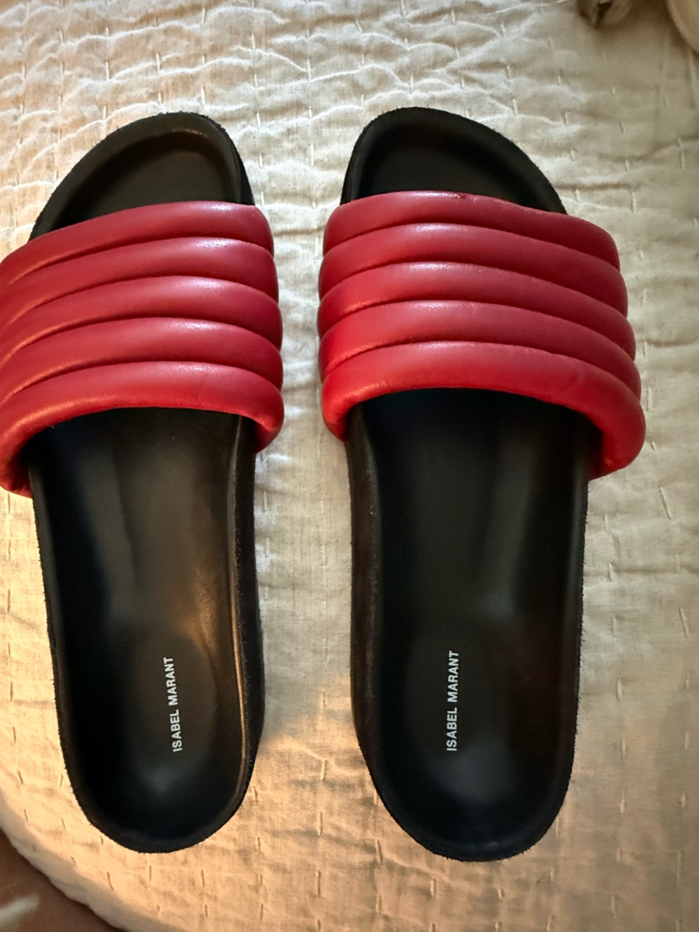 Isabel Marant Quilted Red and Black Padded Slide Sandals